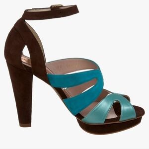 Magrit Spain Leather & Suede Ankle Strap Platform Heels Teal Blue & Brown 37.5 7